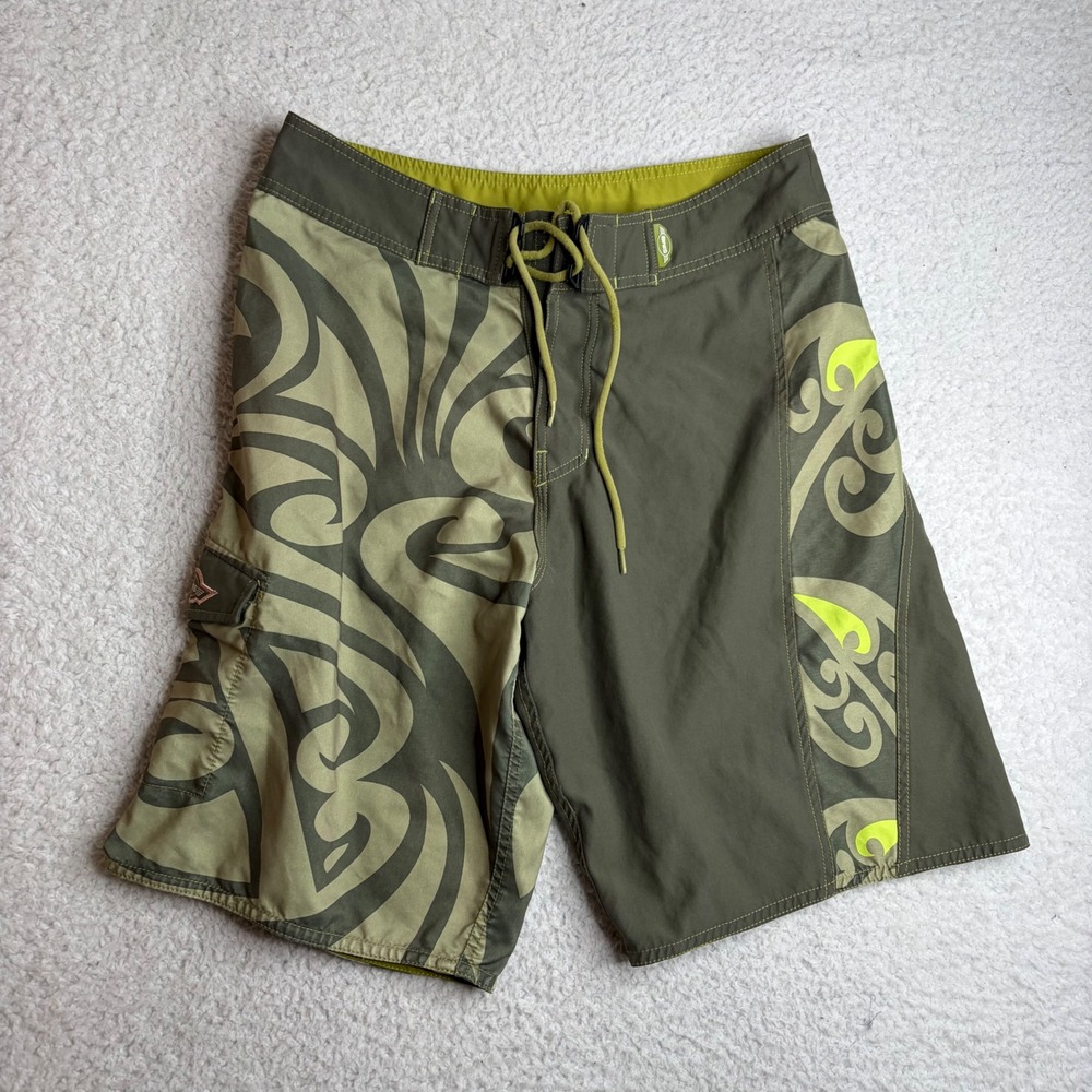 Sims Mens 34 Board Shorts Green Tribal Print Y2K Surf Swim Trunks Cargo Pocket